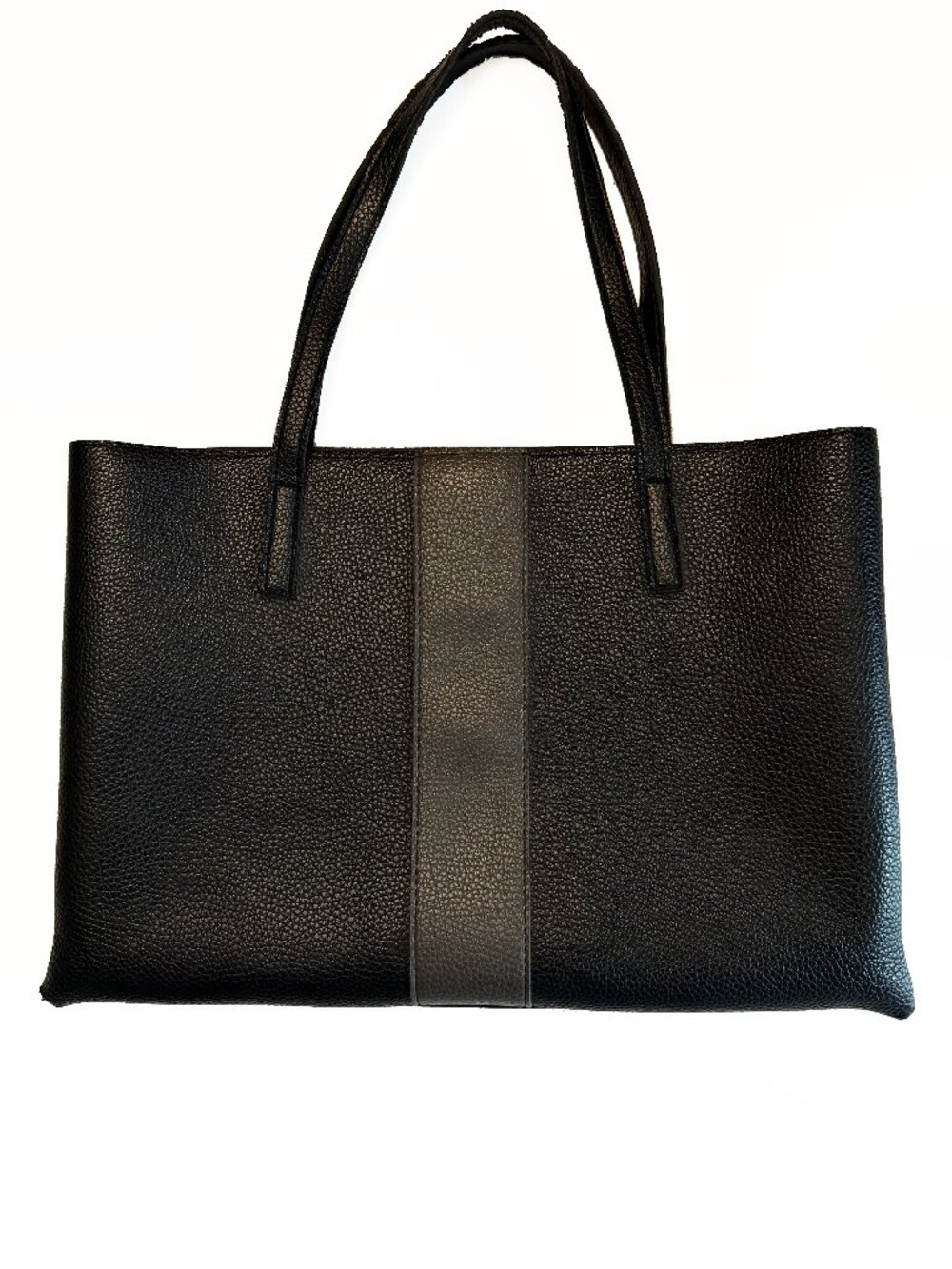 Vince Camuto Luck Black Pebbled Tote Bag Center Stripe